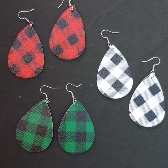 5 for $25 Buffalo Plaid Leather Earrings Black Red Holiday Earrings Teardrop - Picture 3 of 8